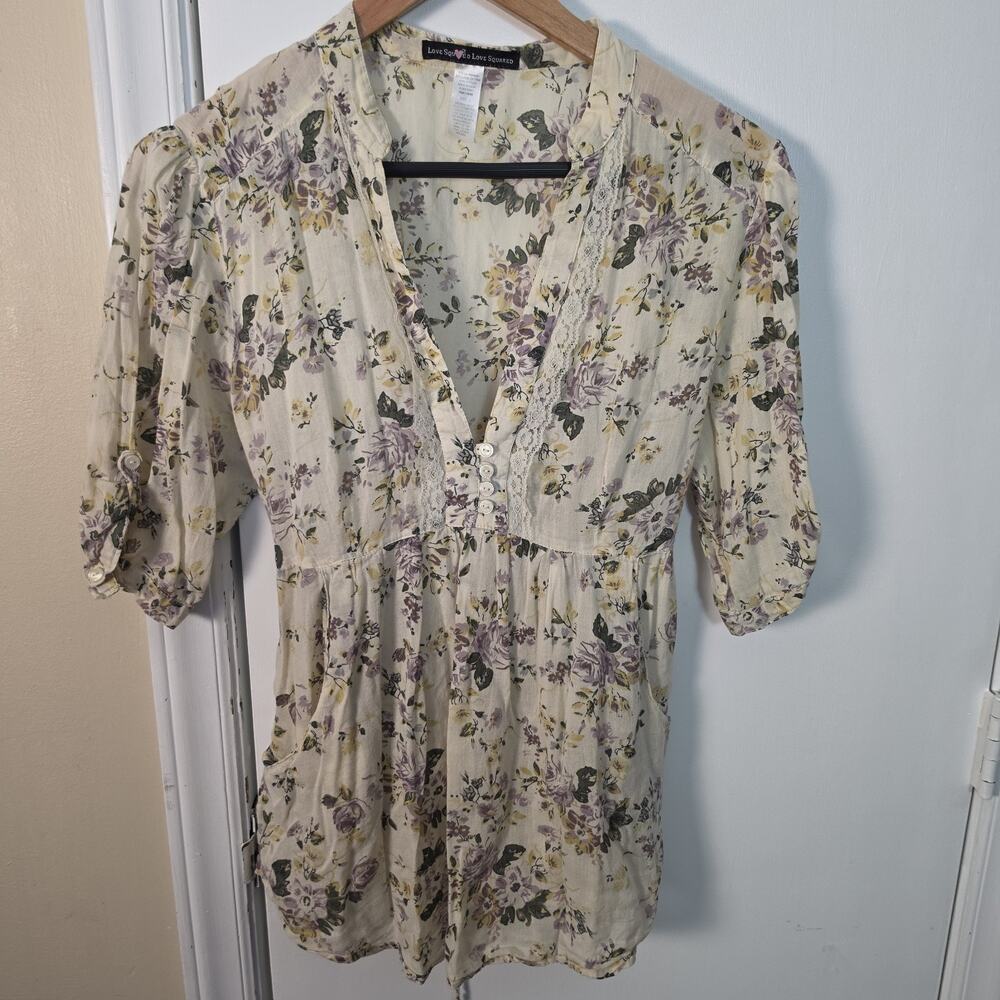 Love Squared Babydoll White Floral Button Sleeve Top Sz L Cottage Boho Y2K Prep